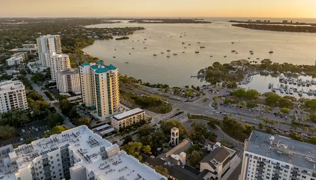 Downtown Sarasota skyline at sunset, showing local architecture and streets