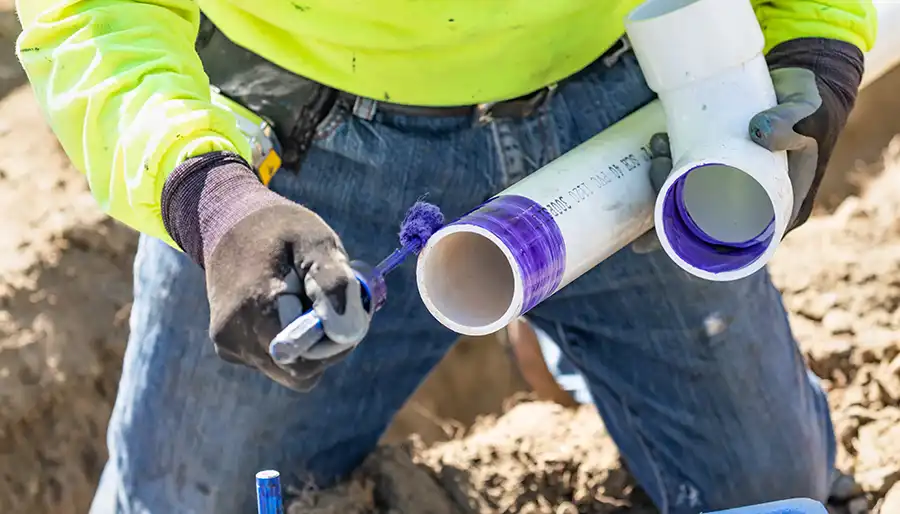 Technician working on a residential sewer line repair outdoors