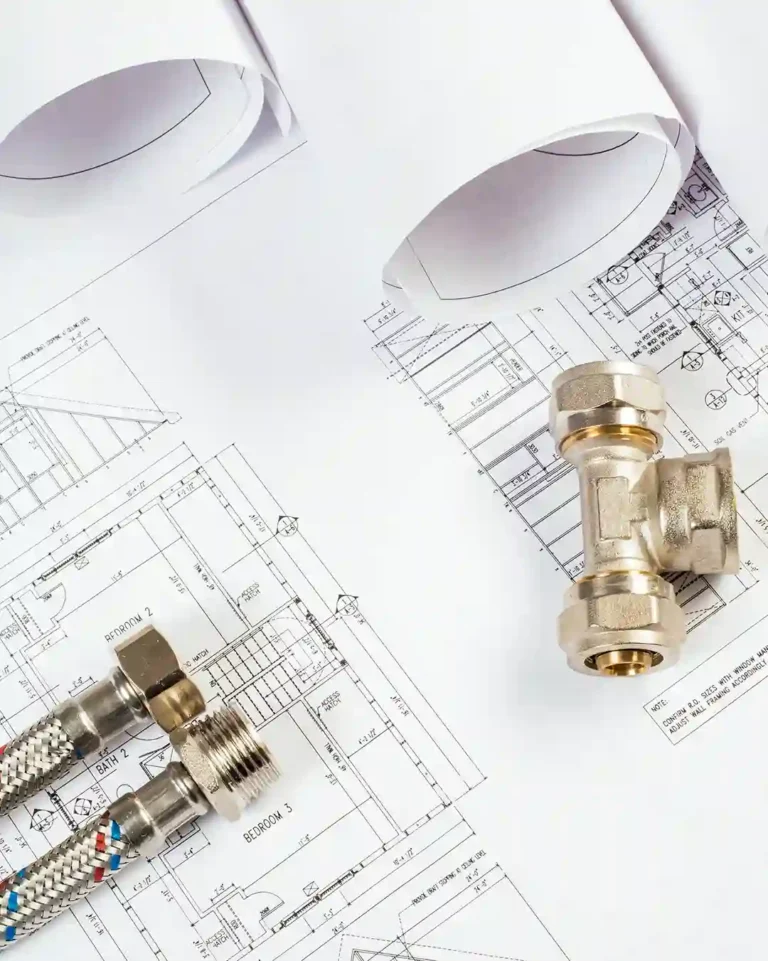 Brass plumbing fittings and architectural plans for a Lakewood Ranch plumbing project
