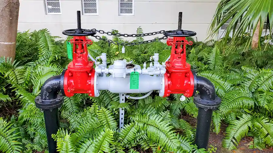 Backflow preventer surrounding by plant life