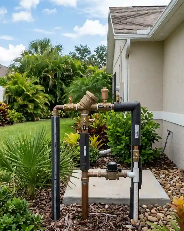 A backflow preventer installation in a beautiful Florida backyard